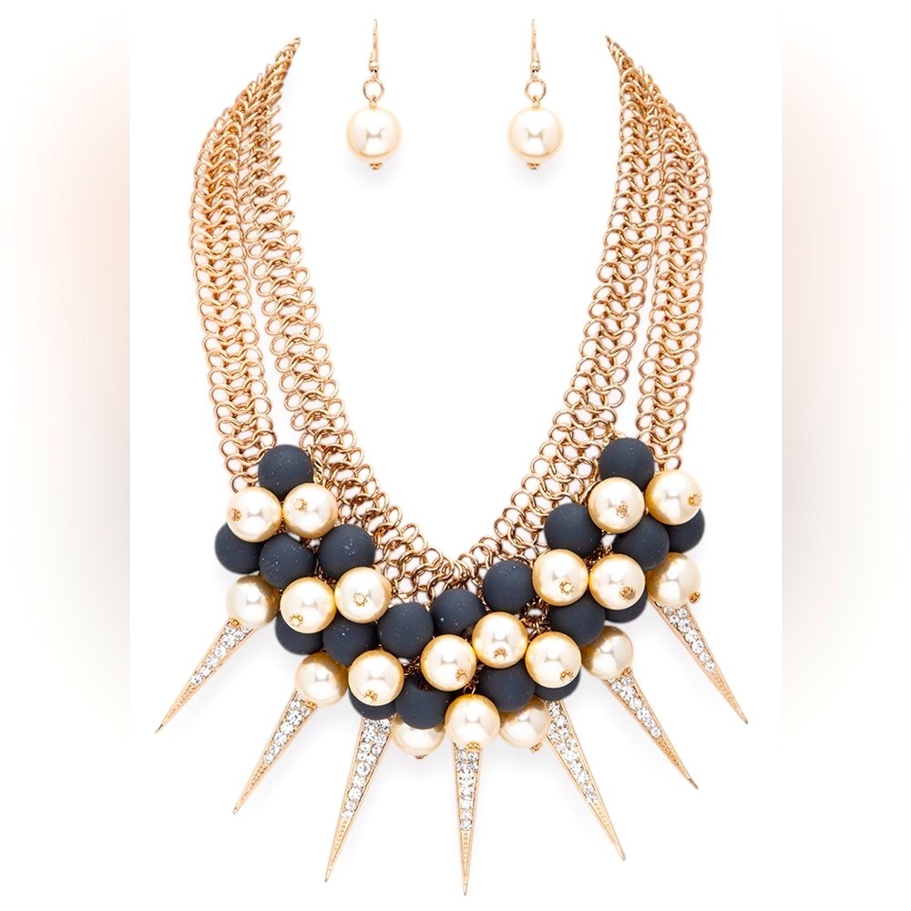 Black Pearl & Rhinestone Statement Necklace and Earring Set